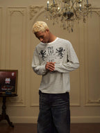 YADcrew Vintage Lion Print Striped Long Sleeve Tee