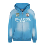 Small Town Kid Washed Badge Letter Printed Zip-Up Hoodie