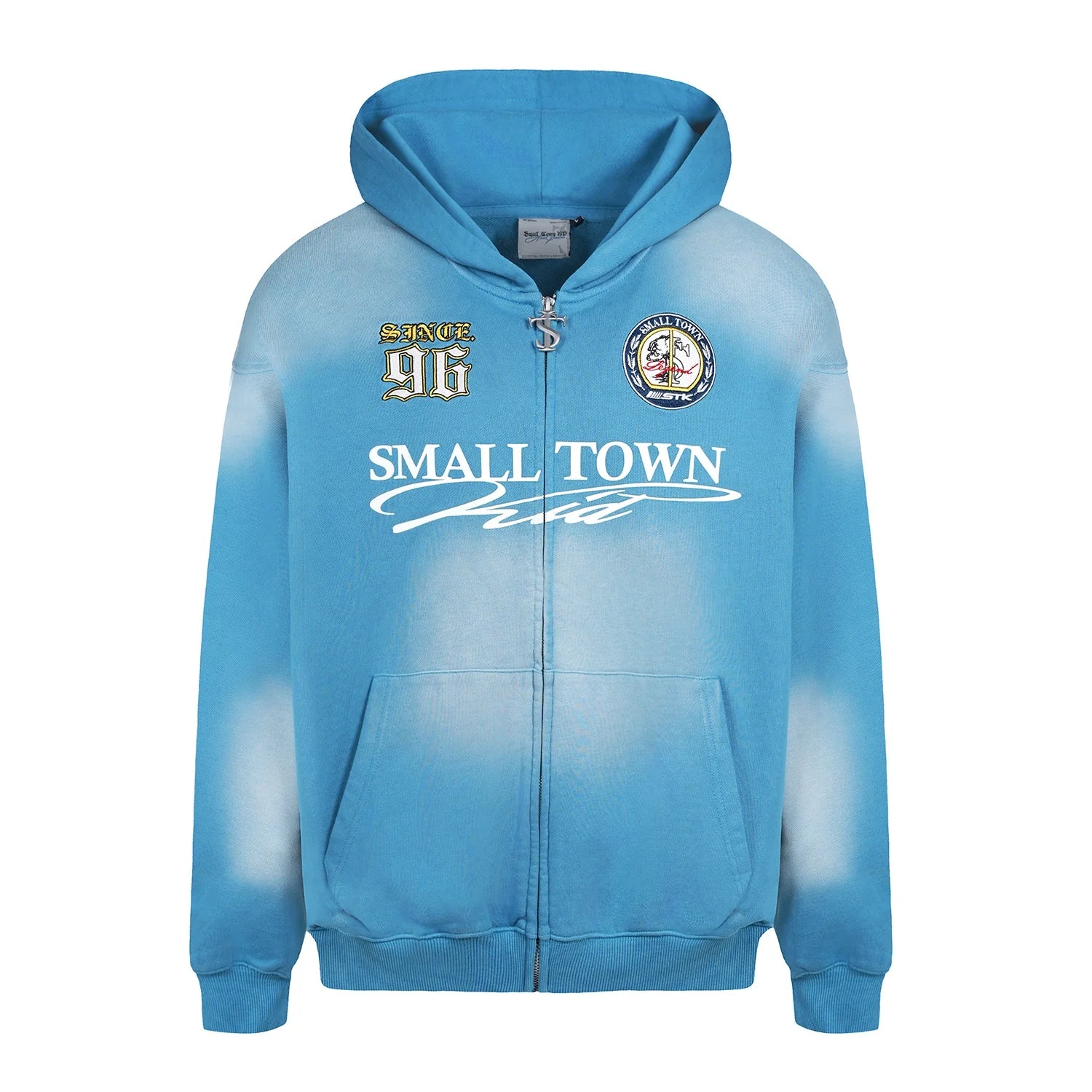 Small Town Kid Washed Badge Letter Printed Zip-Up Hoodie