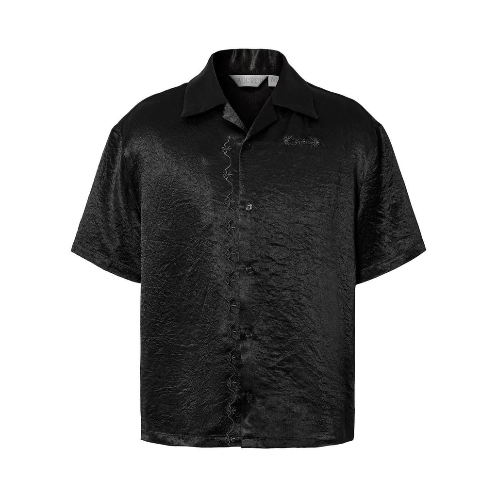 YADcrew Satin Embroidered Cuban Collar Short Sleeve Shirt