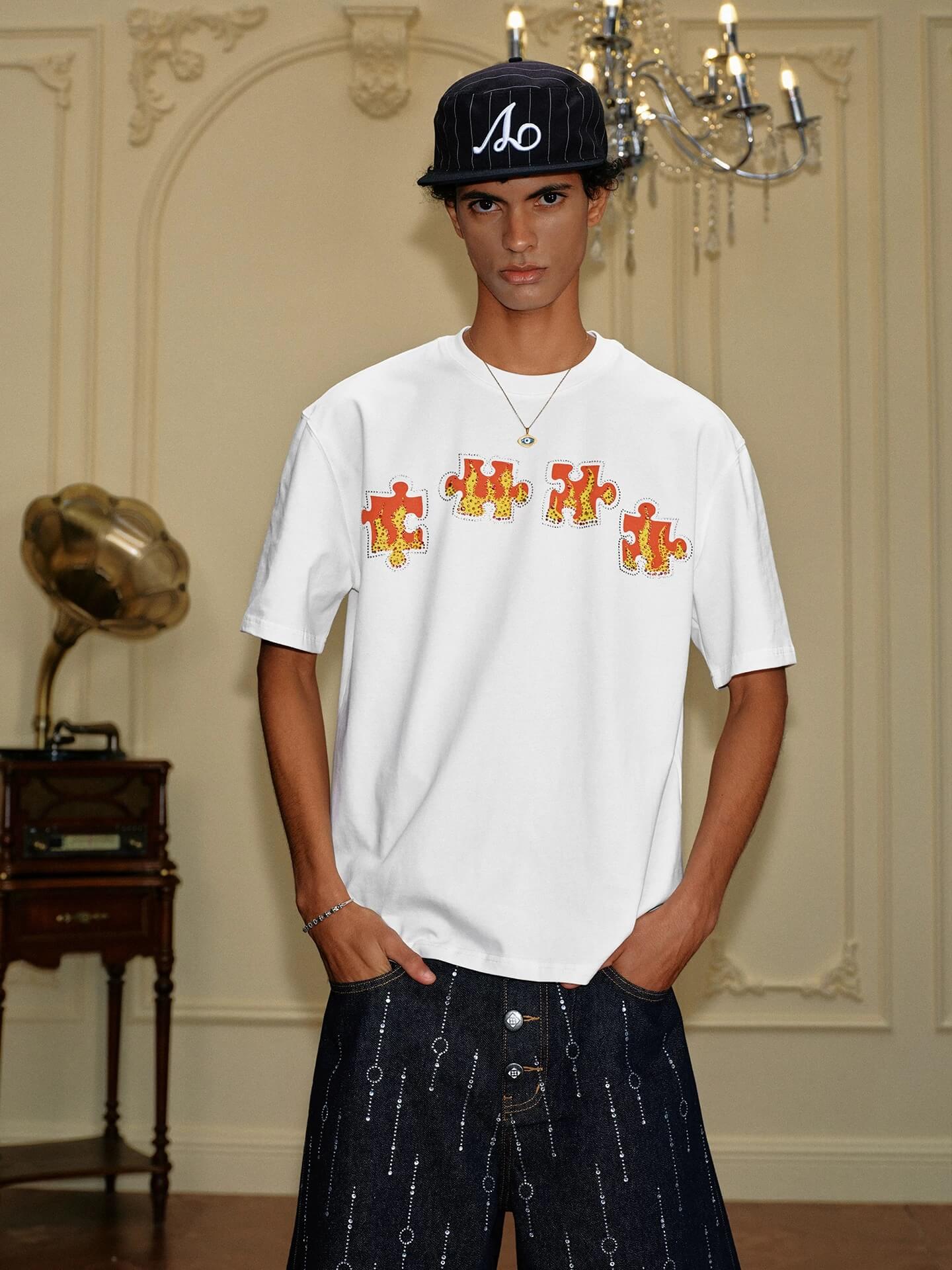 YADcrew Puzzle Piece Flame Rhinestone Tee