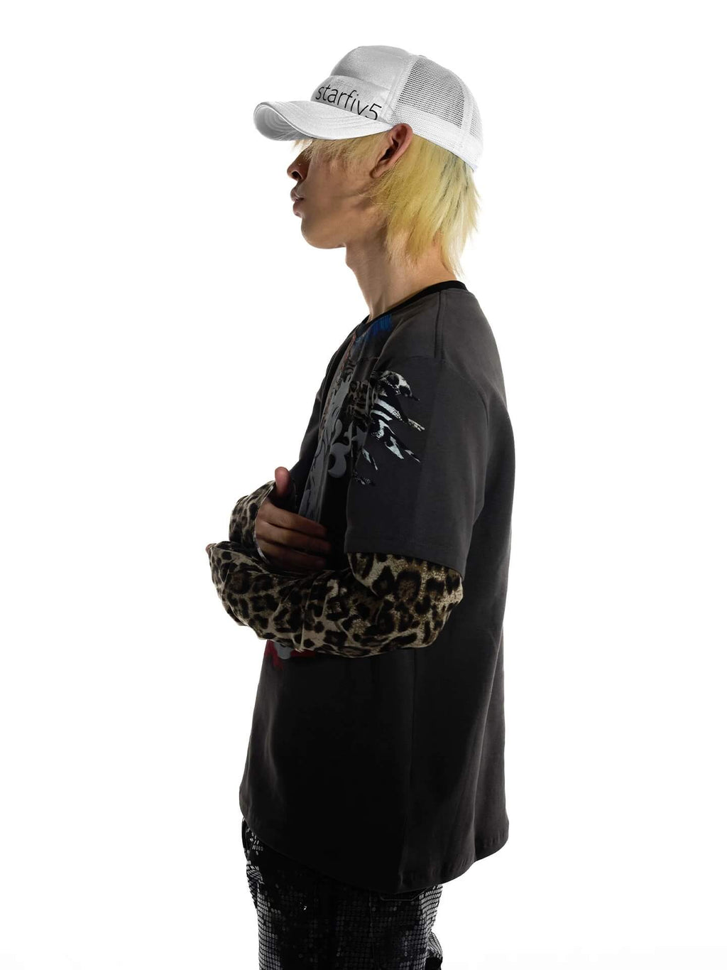 Night Lab Lion Graphic Layered Leopard Sleeve Tee