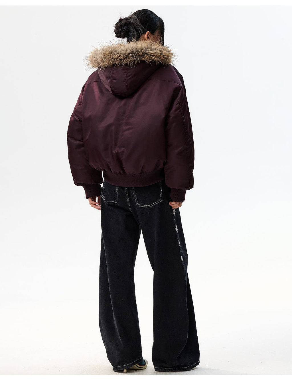 MEDM Silicone Logo Patch Fur Hooded Bomber Jacket