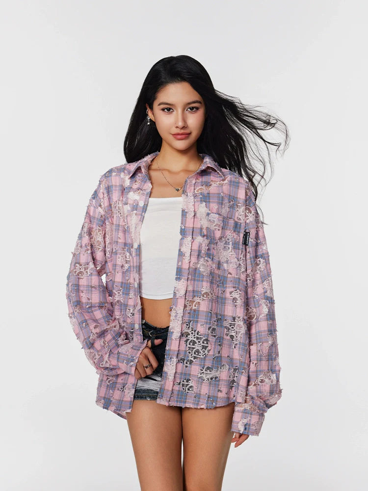 Achock Holes Lace Patches Plaid Long Sleeved Shirt