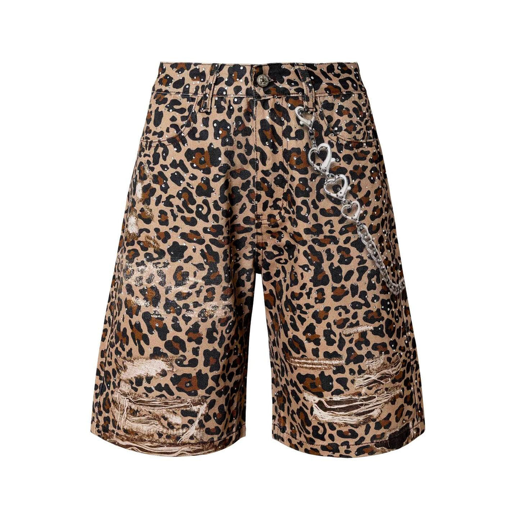 YADcrew Leopard Digital Print All Over Rhinestone Baggy Shorts