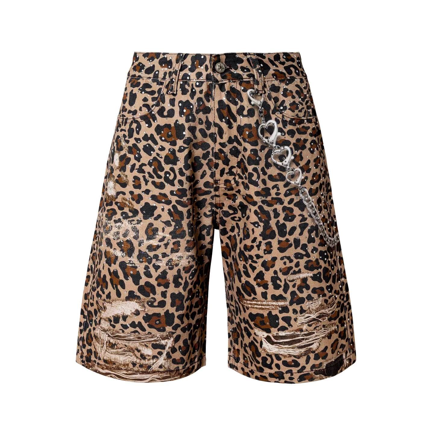 YADcrew Leopard Digital Print All Over Rhinestone Baggy Shorts
