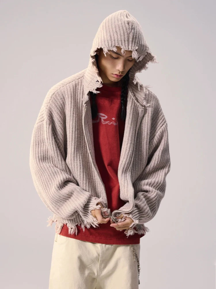 Remedy Distressed Hooded Zipper Knit Cardigan