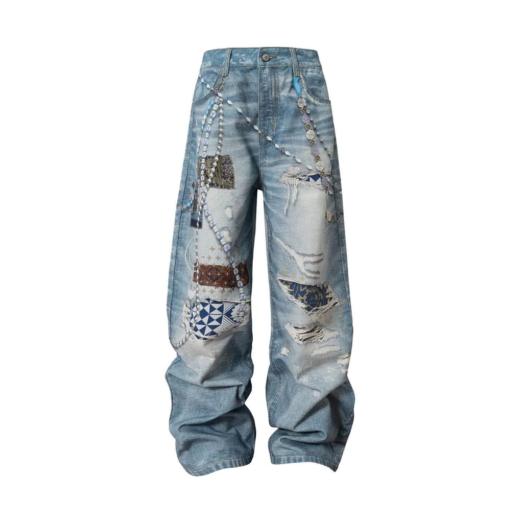 YADcrew x MEDM 3D Cloth Patch Chain Distressed Digital Print Jeans