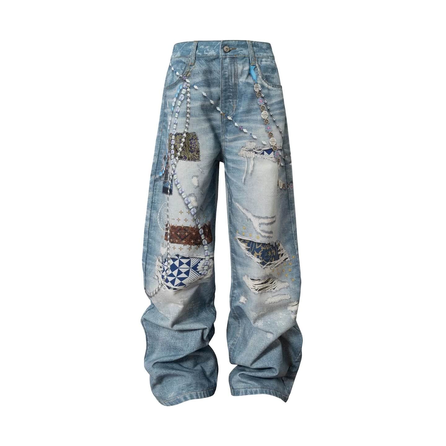 YADcrew x MEDM 3D Cloth Patch Chain Distressed Digital Print Jeans