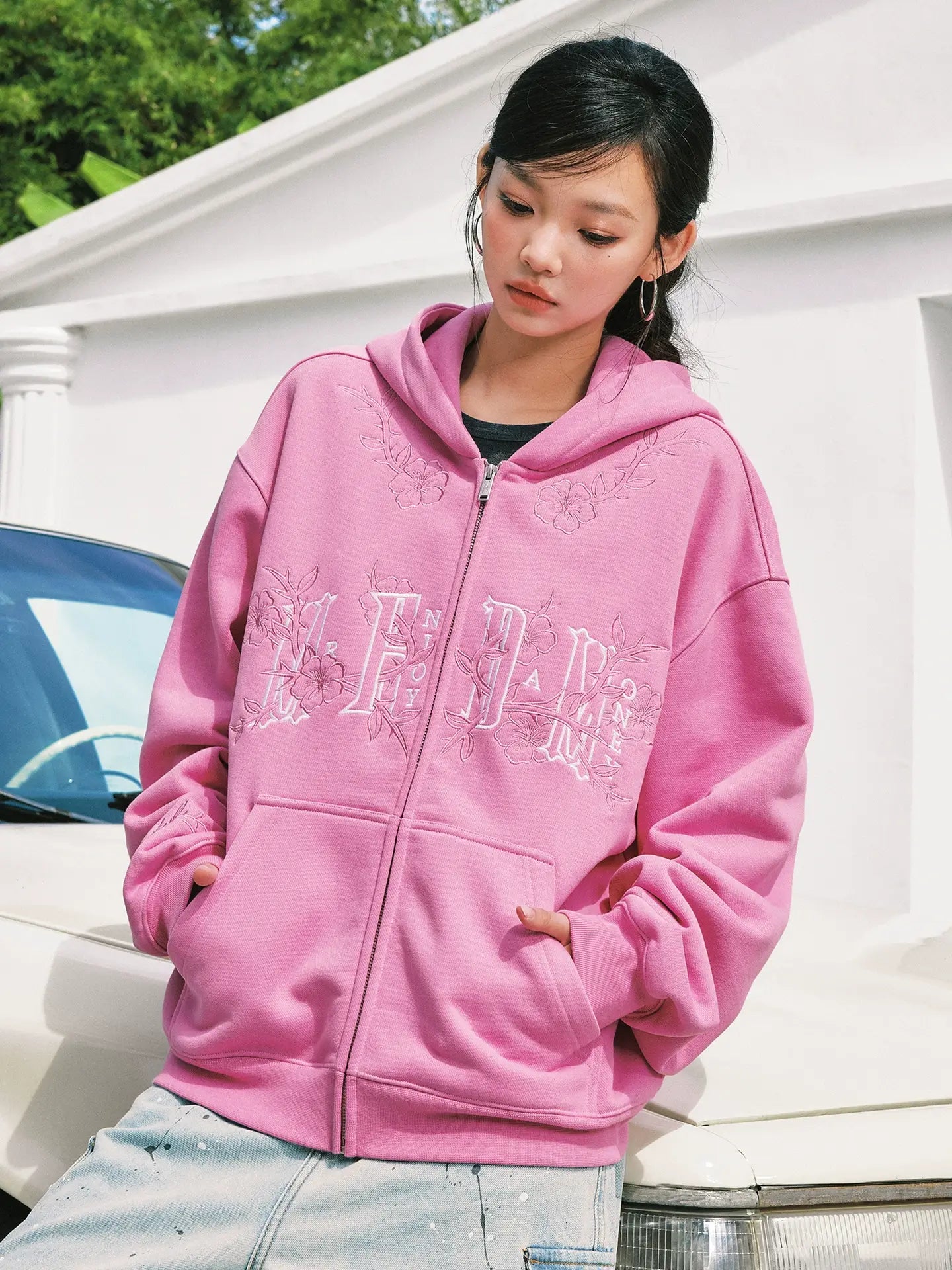 MEDM Flower Embroidered Zip Up Hoodie