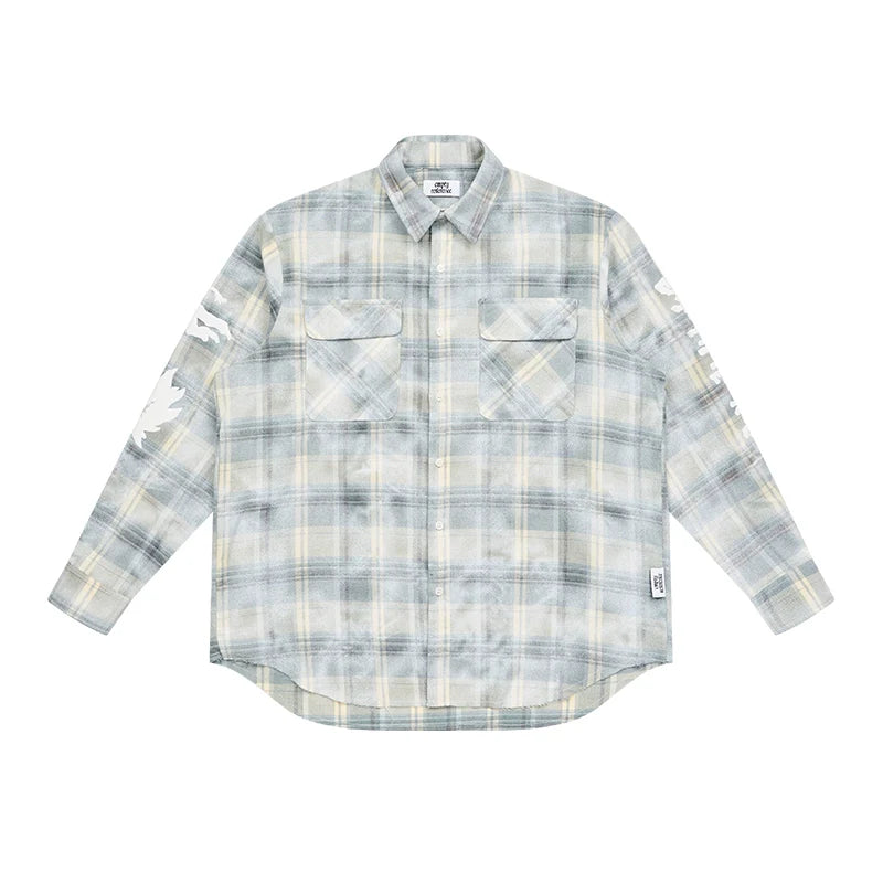 EMPTY REFERENCE Raw Edge Plaid Bubble Print Long Sleeve Shirt