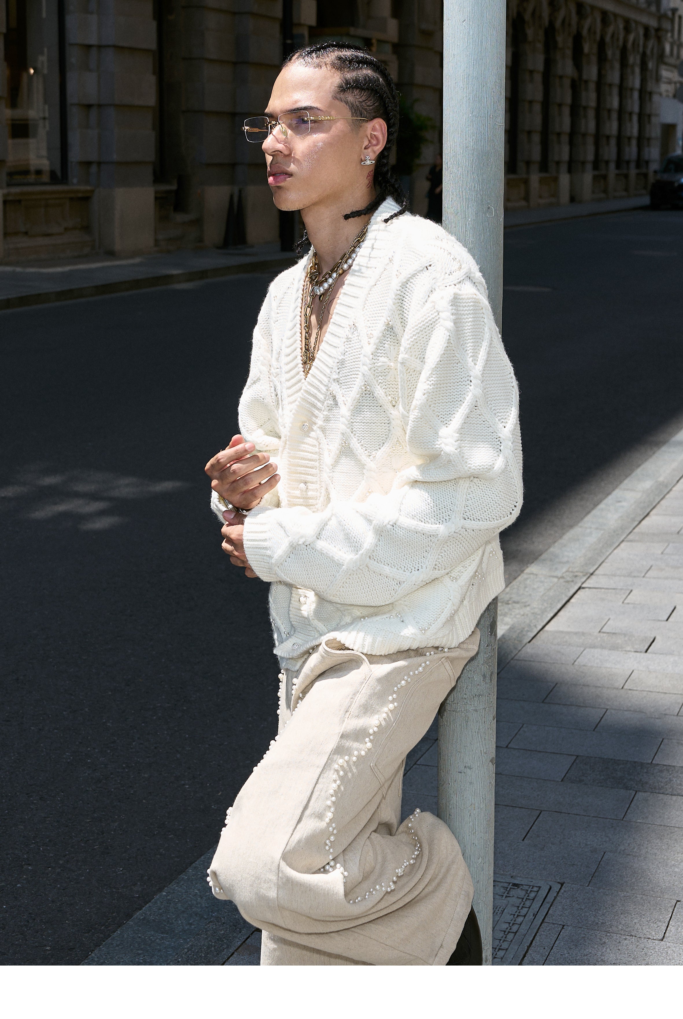 STEEPC Wool Blend Diamond Cable Knit Pearl Cardigan