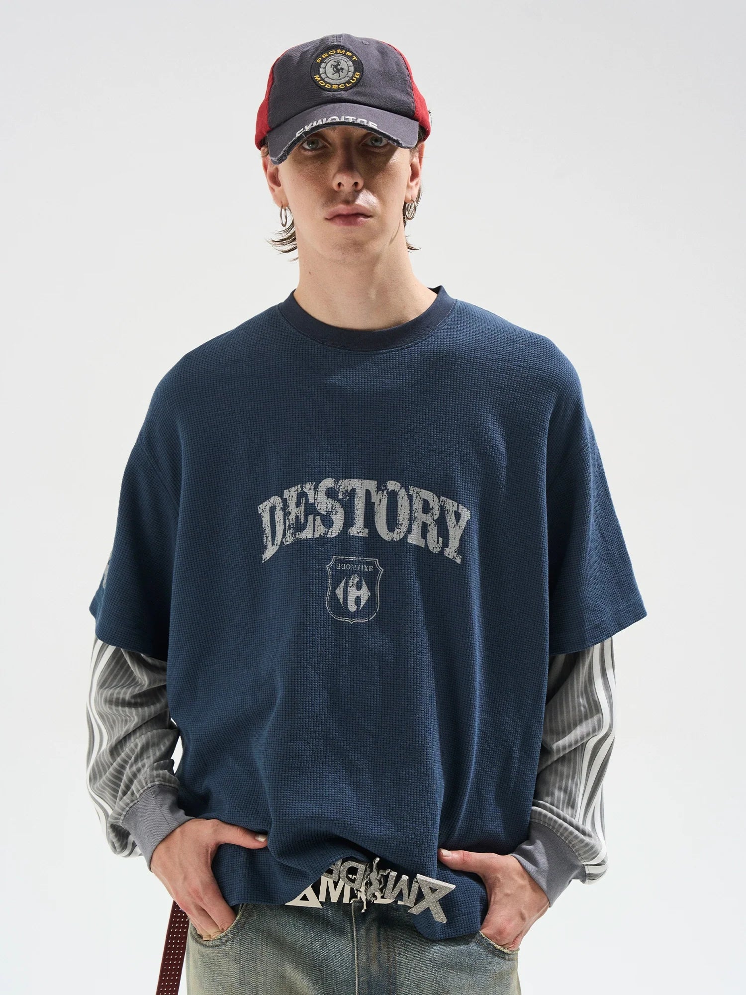 BLIND NO PLAN Layered Waffle and Jersey Long Sleeve Tee