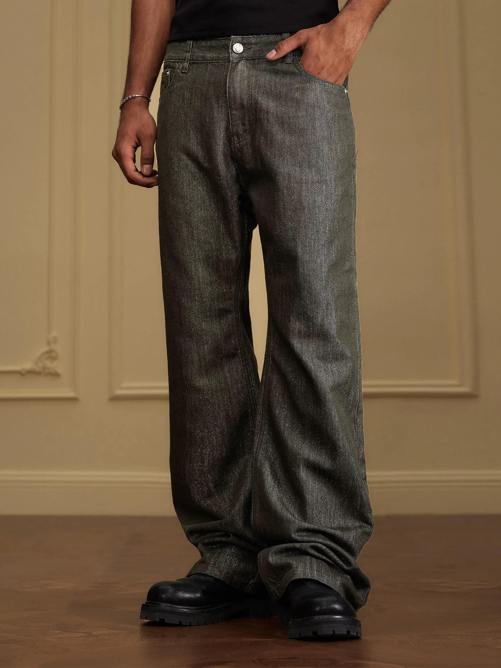 YADcrew Olive Green Metallic Thread Jeans