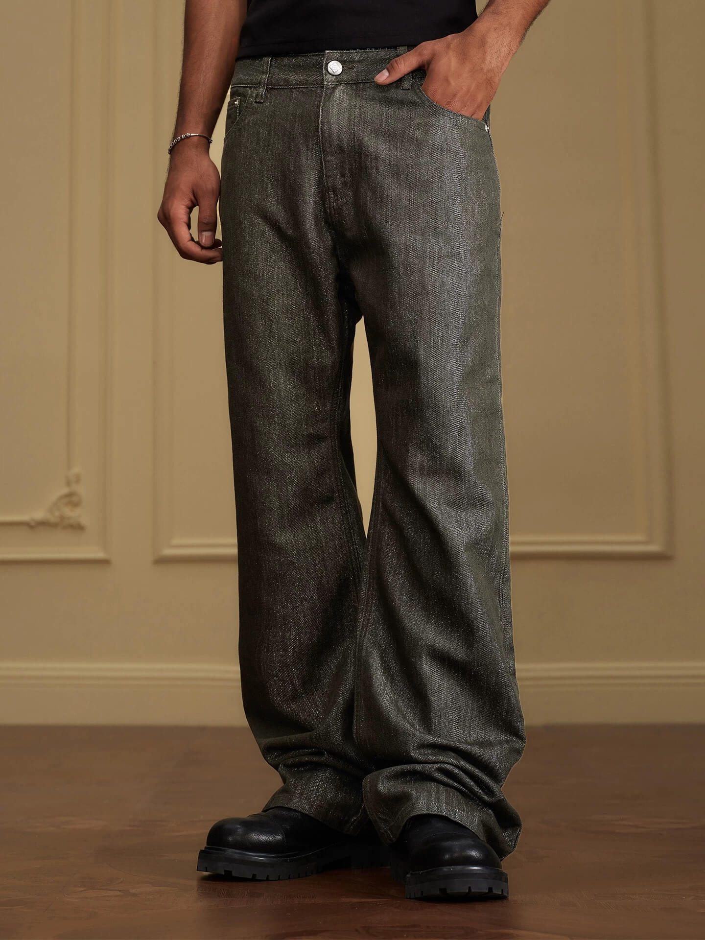 YADcrew Olive Green Metallic Thread Jeans
