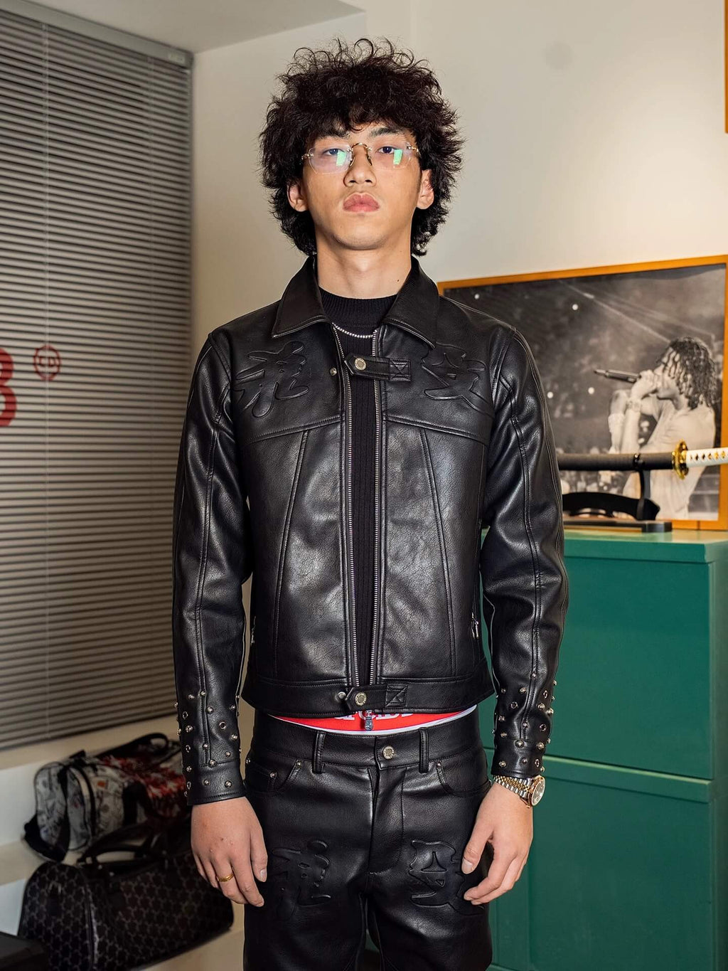TGFCLUB Embossed Studded Slim Fit PU Leather Biker Jacket