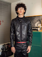 TGFCLUB Embossed Studded Slim Fit PU Leather Biker Jacket
