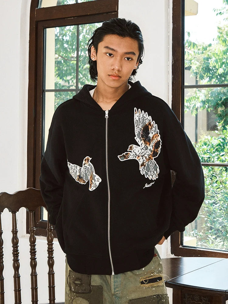 JUST VIBE Lace Peace Dove Zip Up Hoodie