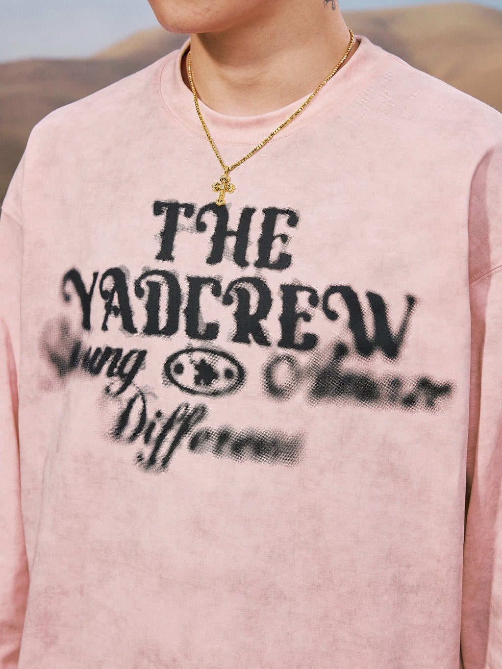 YADcrew Washed Ink Dyed Print Long Sleeve Tee