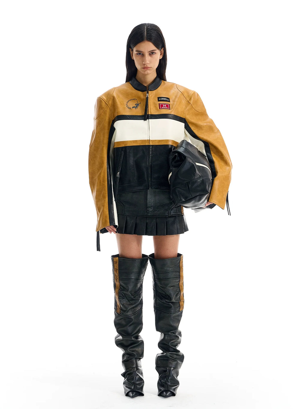 BLIND NO PLAN Color Block Short Racing Leather Jacket