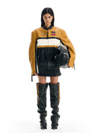 BLIND NO PLAN Color Block Short Racing Leather Jacket