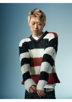 EVILKNIGHT(EK) Striped Colorblocking Distressed V-Neck Knit Sweater
