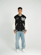 JUST VIBE Terry Embroidered Bone Logo Varsity Jacket