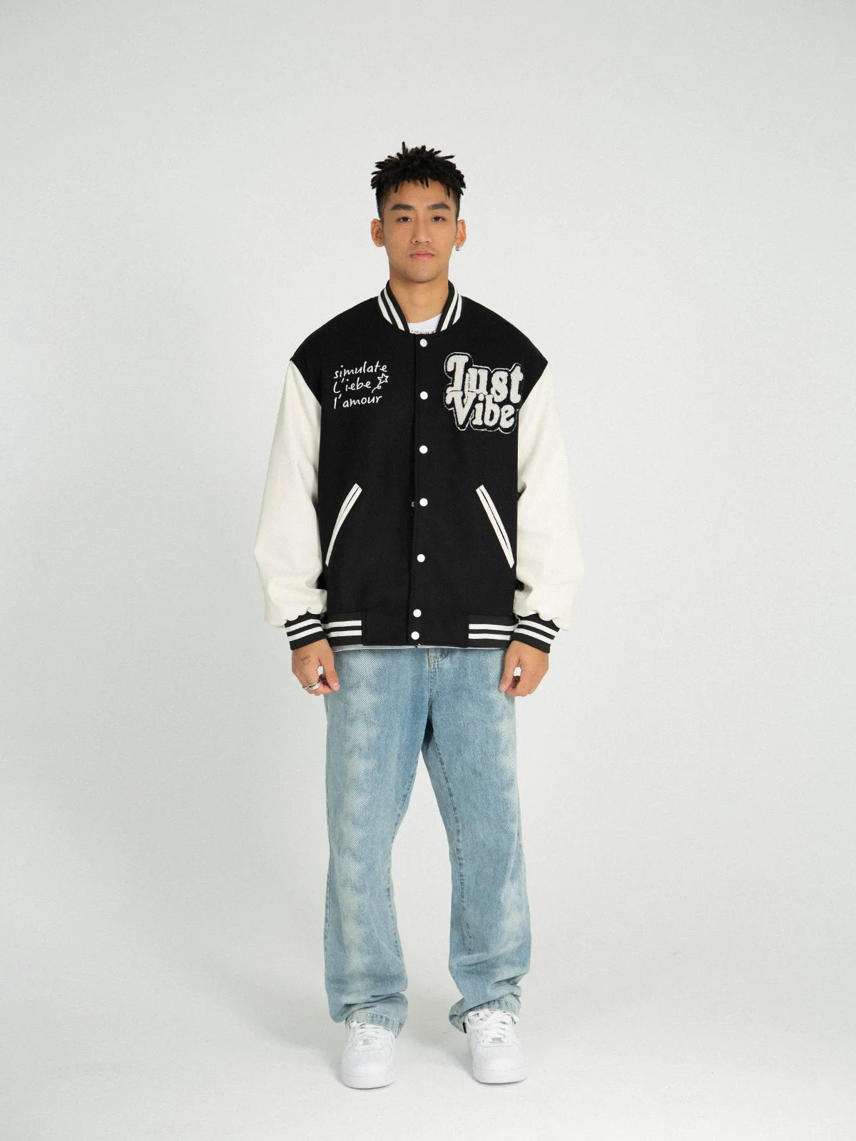 JUST VIBE Terry Embroidered Bone Logo Varsity Jacket