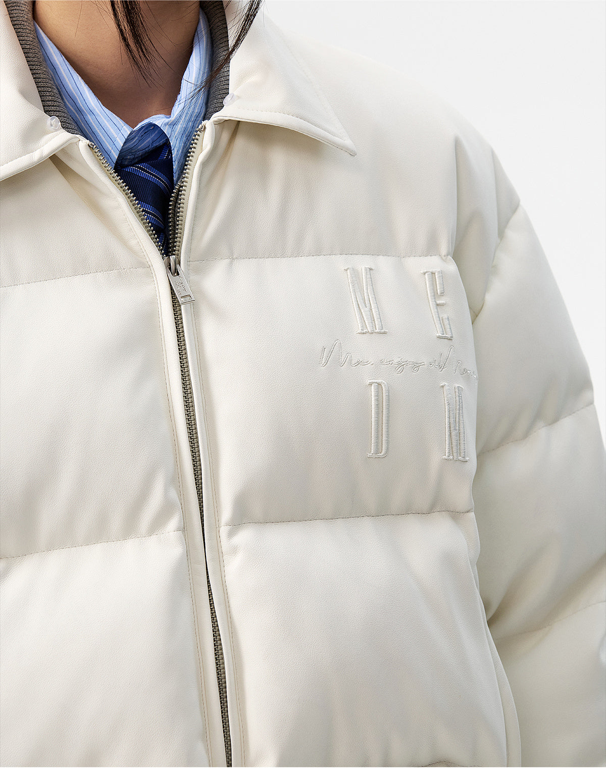 MEDM PU Leather 3D Embroidered Puffer Jacket