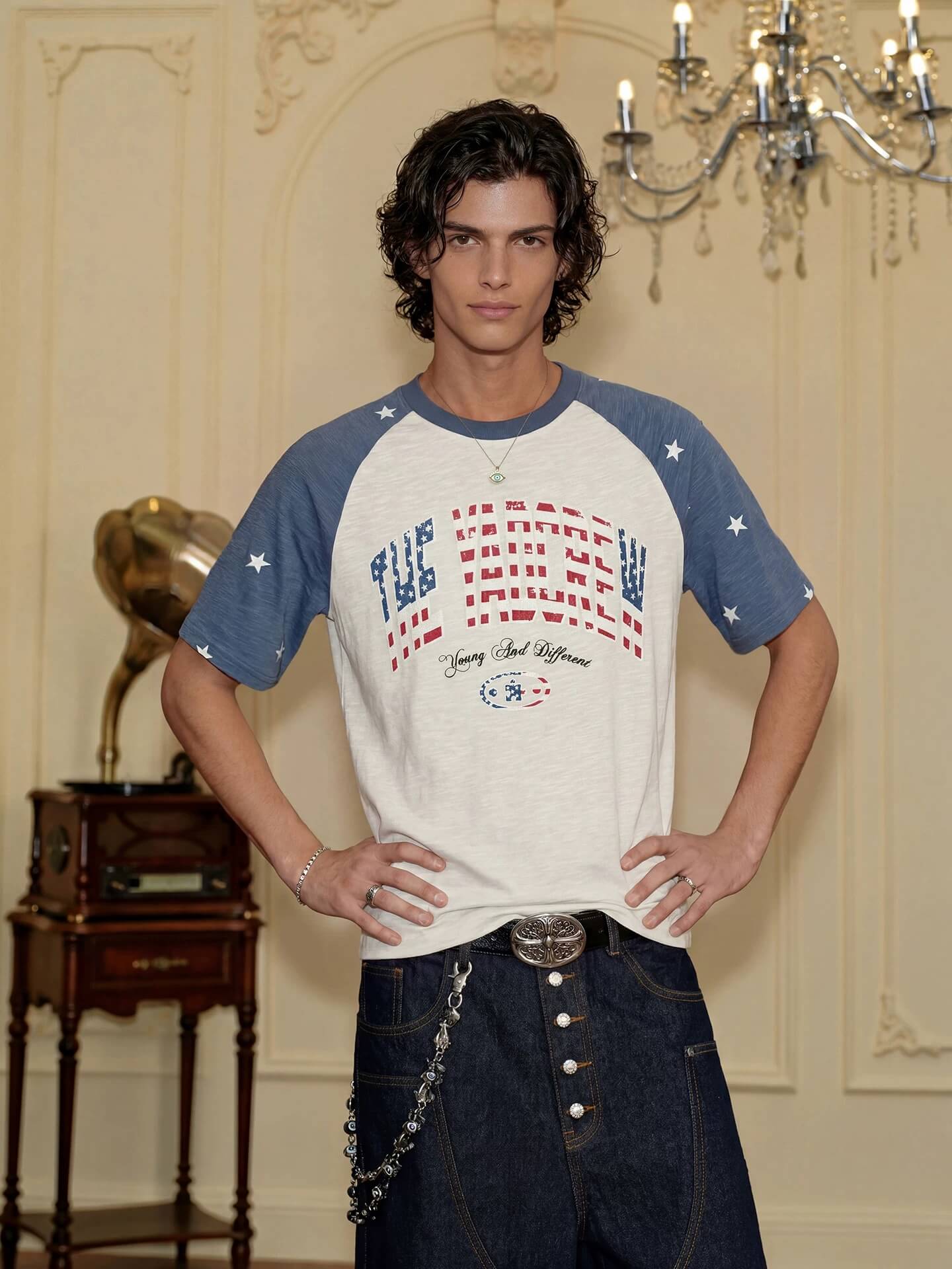 YADcrew American Star Print Raglan Color Block Tee