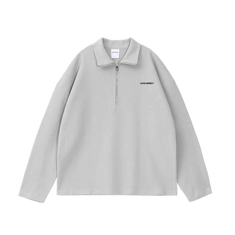 UNTILWERICH Waffle Logo Print Half Zip Long Sleeves Sweatshirt