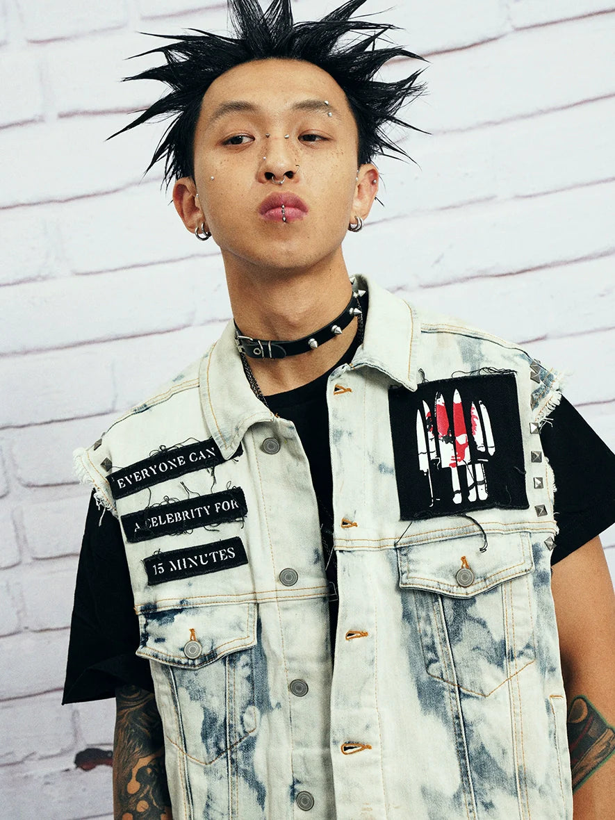 VENTUREK Bleach Wash Patch Rivet Denim Vest