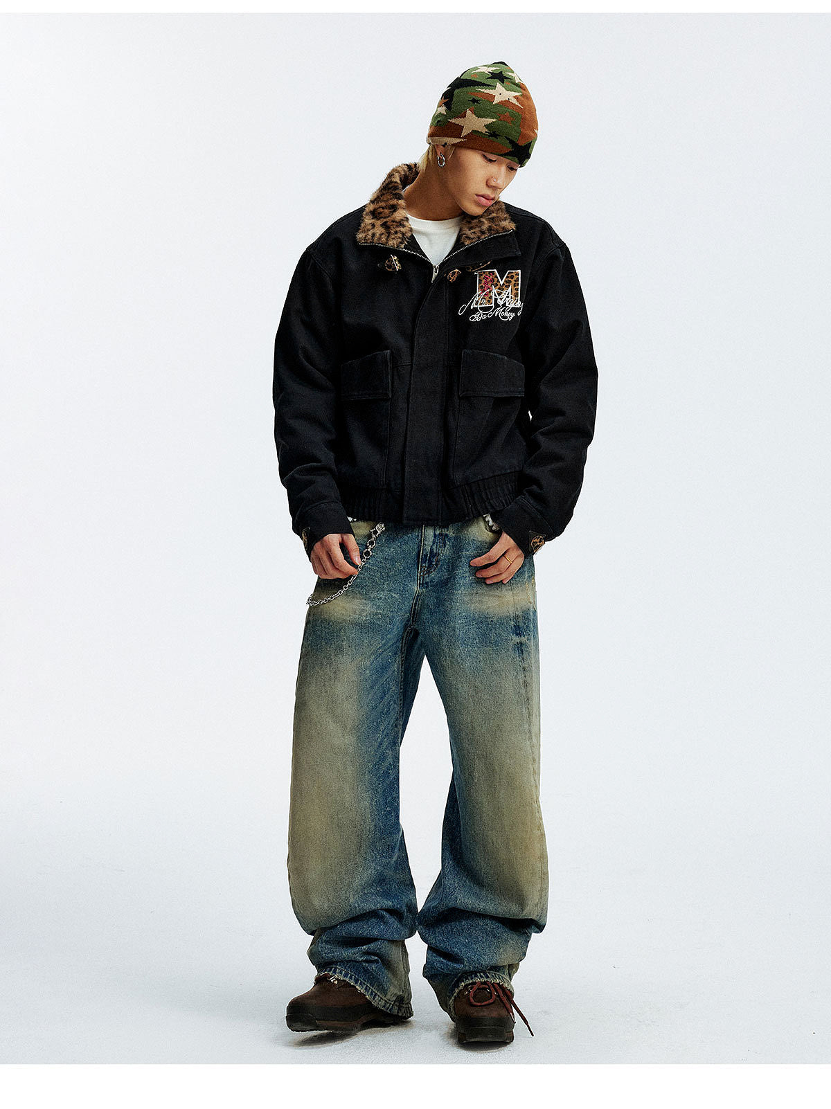 MEDM Leopard Collar Belted Work Jacket