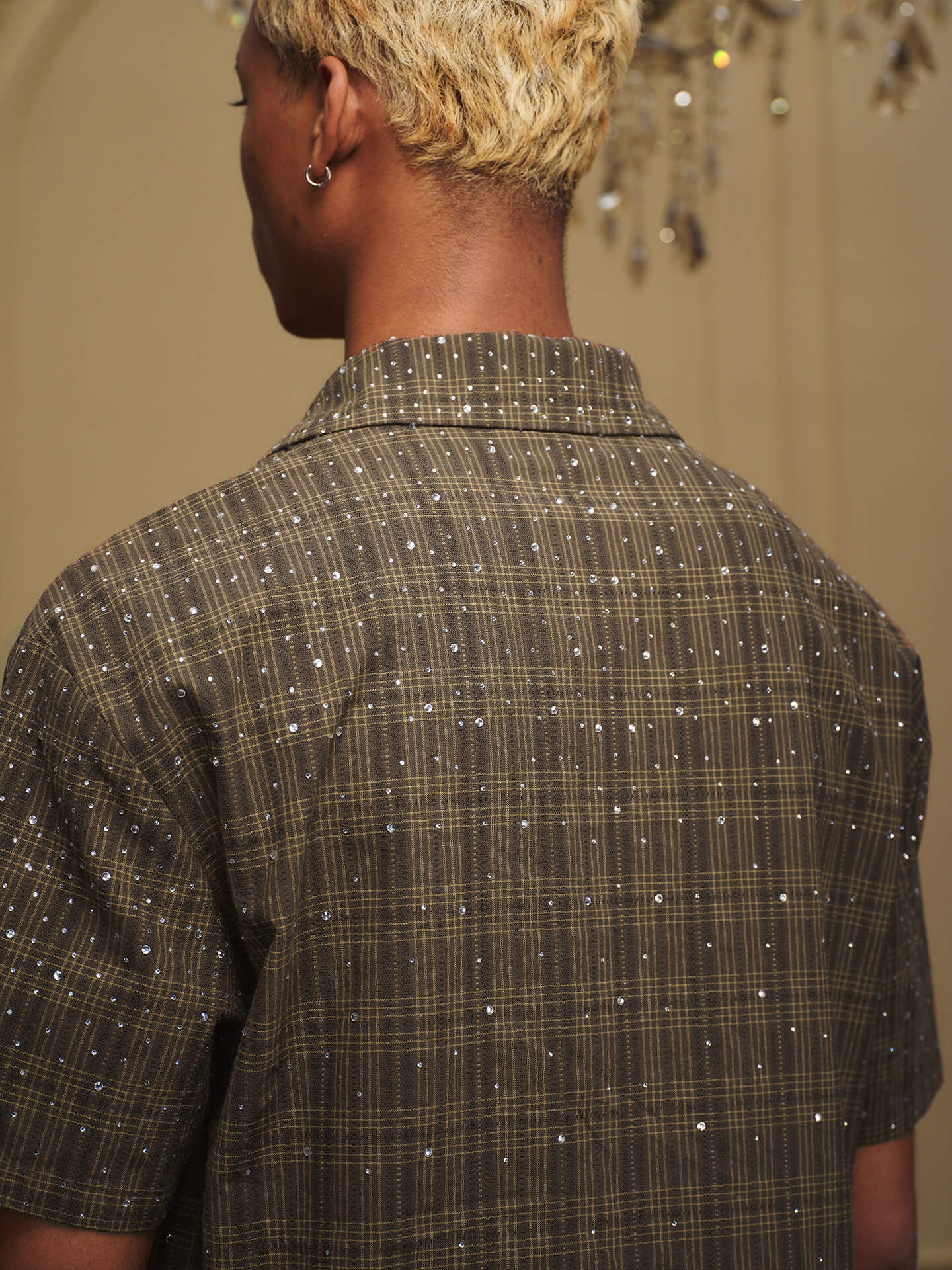 YADcrew Galaxy Rhinestone Plaid Short Sleeve Shirt