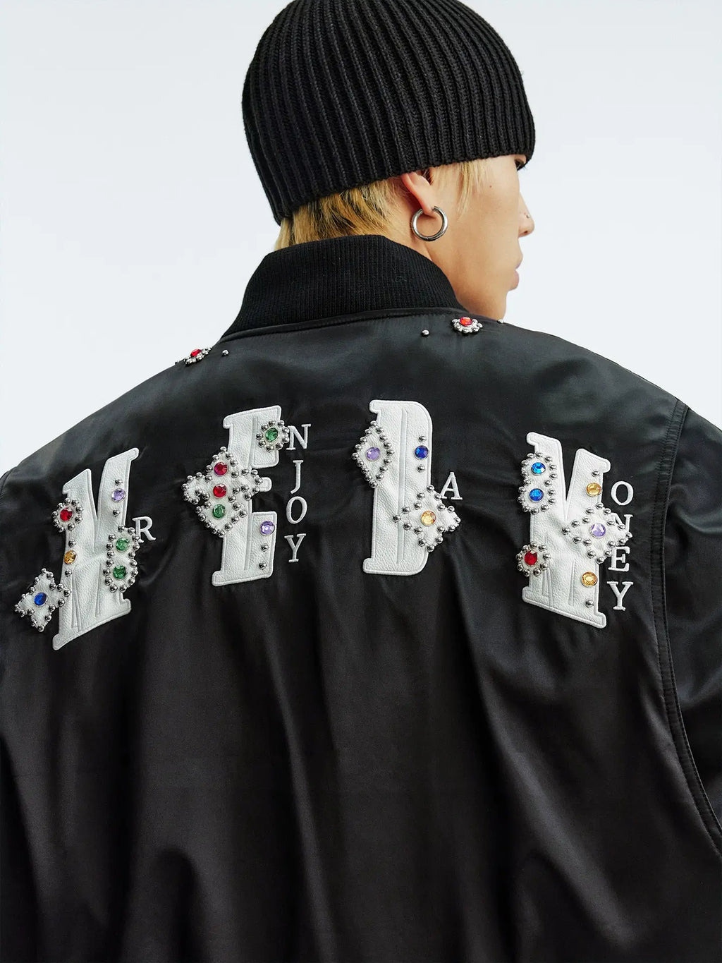 MEDM Gemstone Studded Leather Patch MA-1 Bomber Jacket