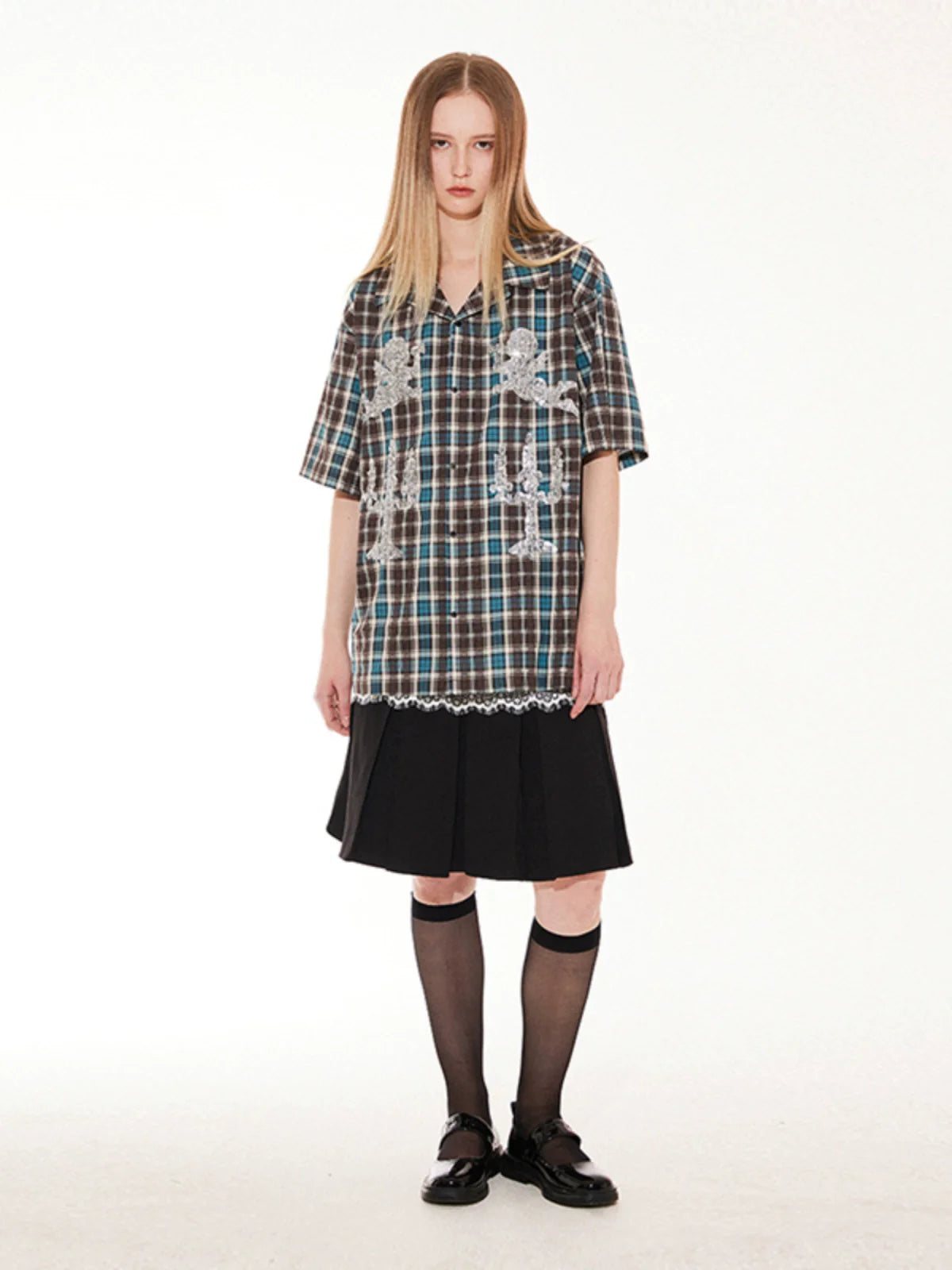 EMPTY REFERENCE Angel and Candlestick Sequin Plaid Short Sleeve Shirt