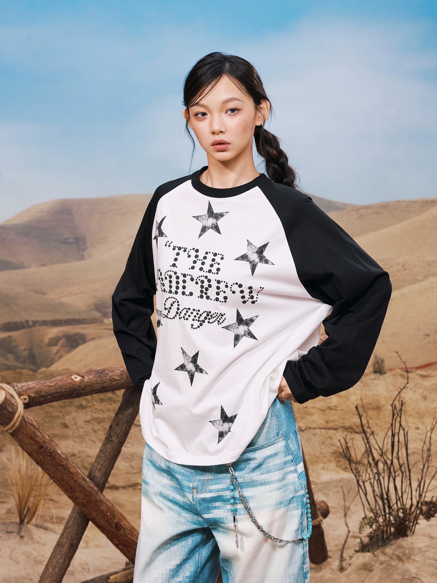 YADcrew Star Logo Print Raglan Long Sleeve Tee