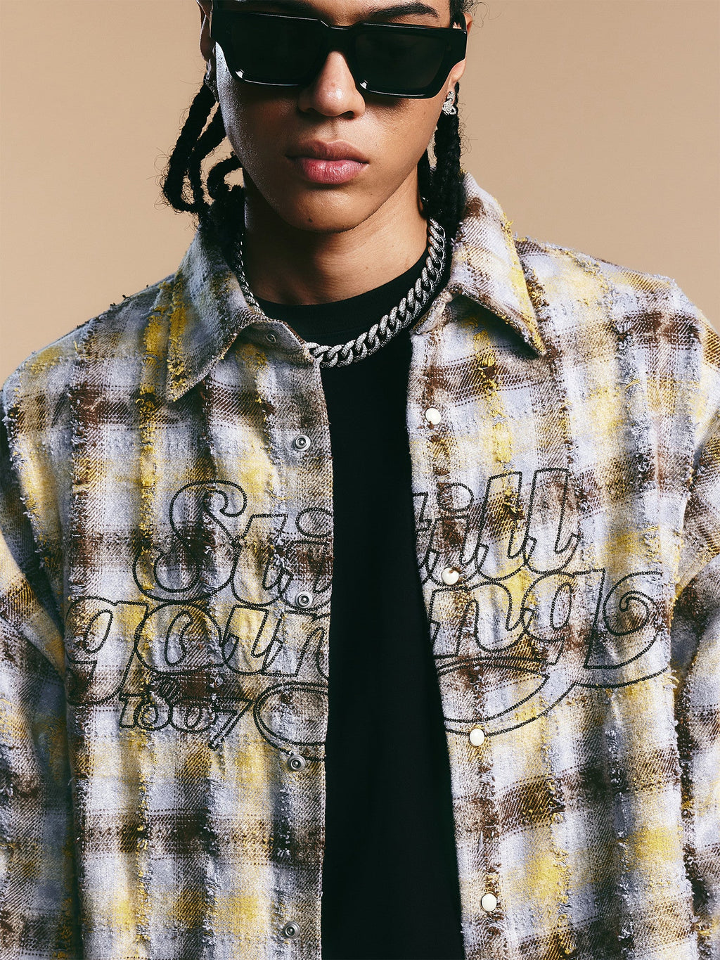 1807 Chain Embroidery Plaid Long Sleeve Shirt