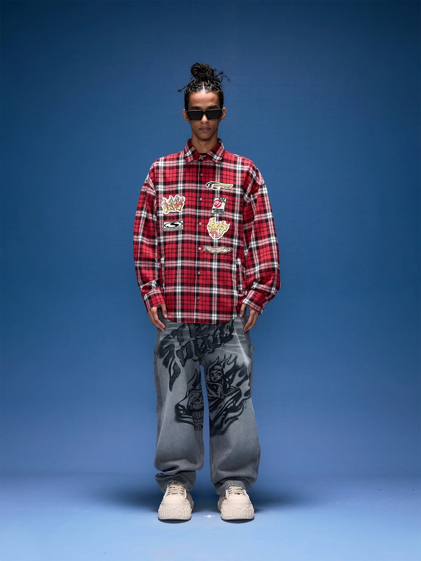 1807 Racing Printed Patch Plaid Long Sleeve Shirt