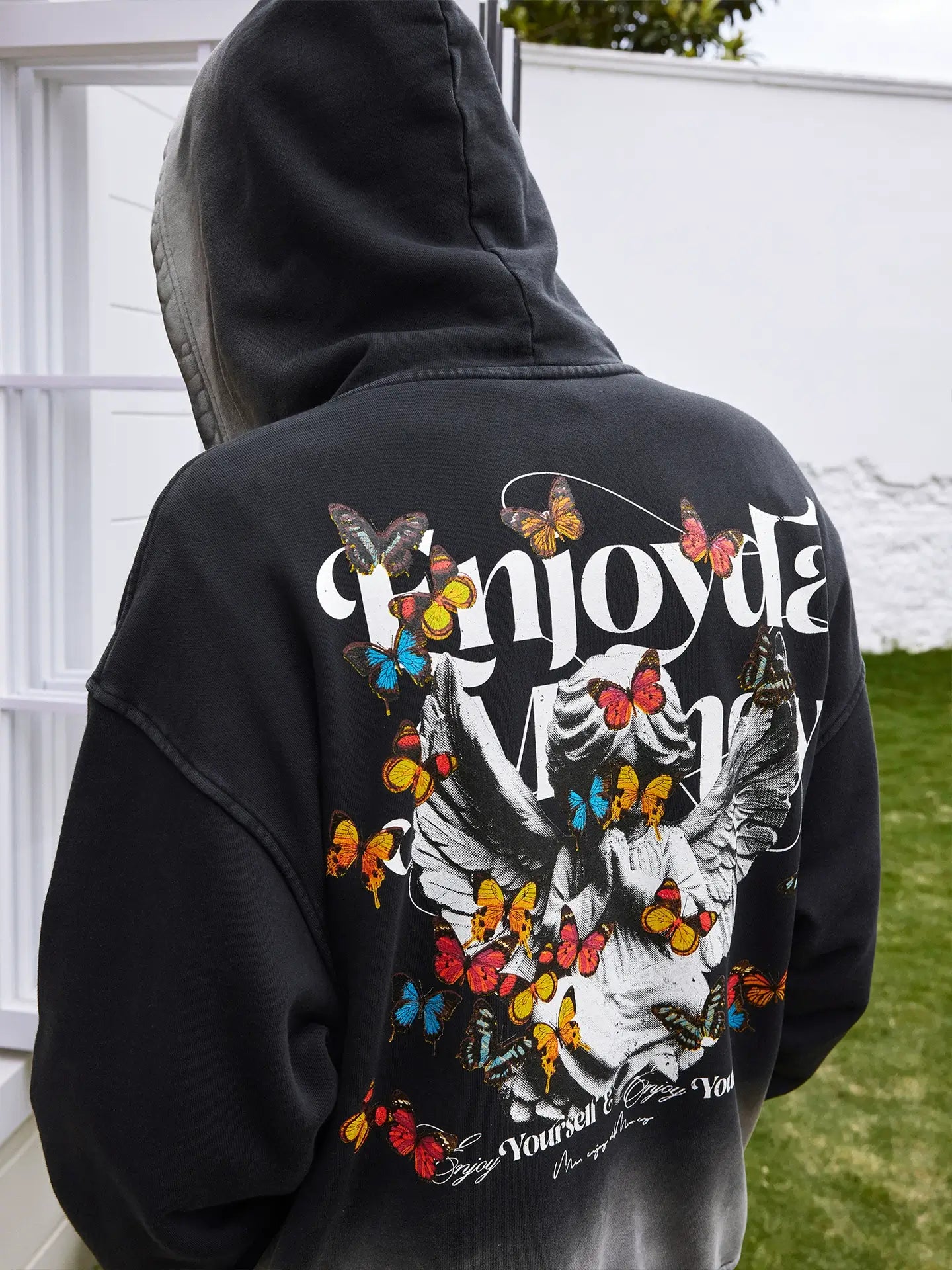 MEDM Washed Angel Butterfly Print Zip Up Hoodie