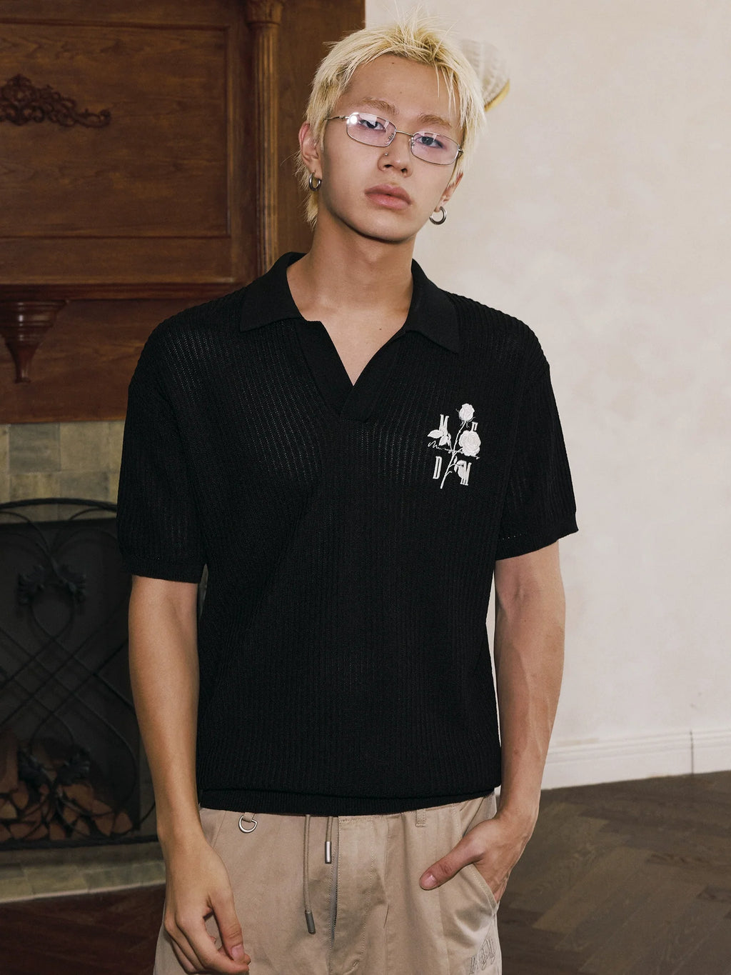 MEDM Rose Embroidered Textured Stripe Knit Polo