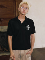 MEDM Rose Embroidered Textured Stripe Knit Polo