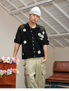 MEDM Flower Embroidery Open Knit Short Sleeve Shirt