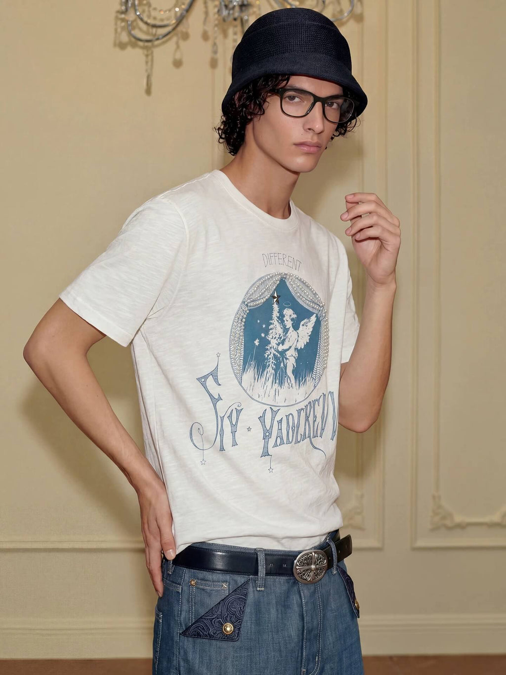 YADcrew Angel Print Star Studded Pearl Embellished Tee