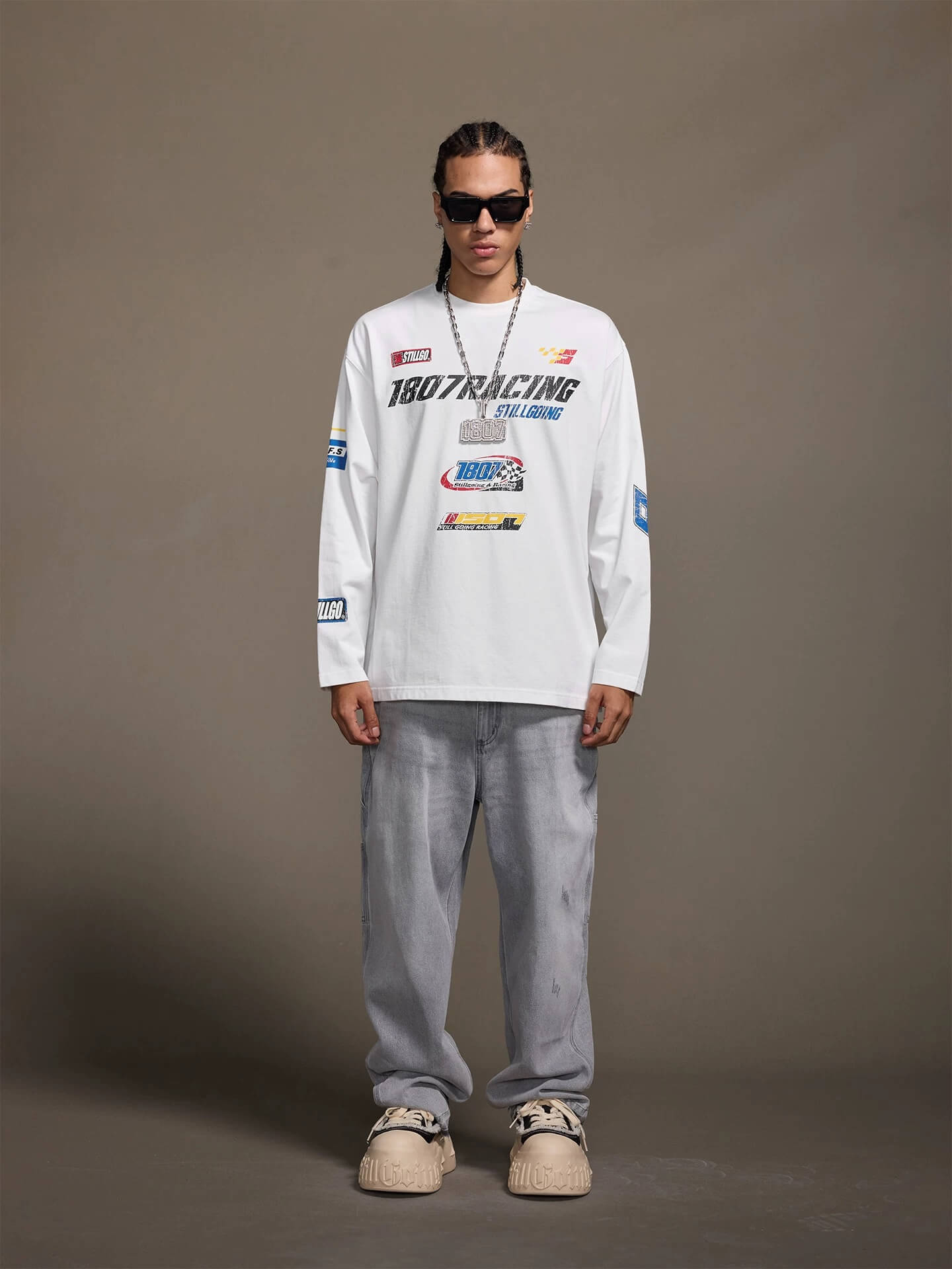 1807 Racing Vintage Printed Distressed Long Sleeve Tee