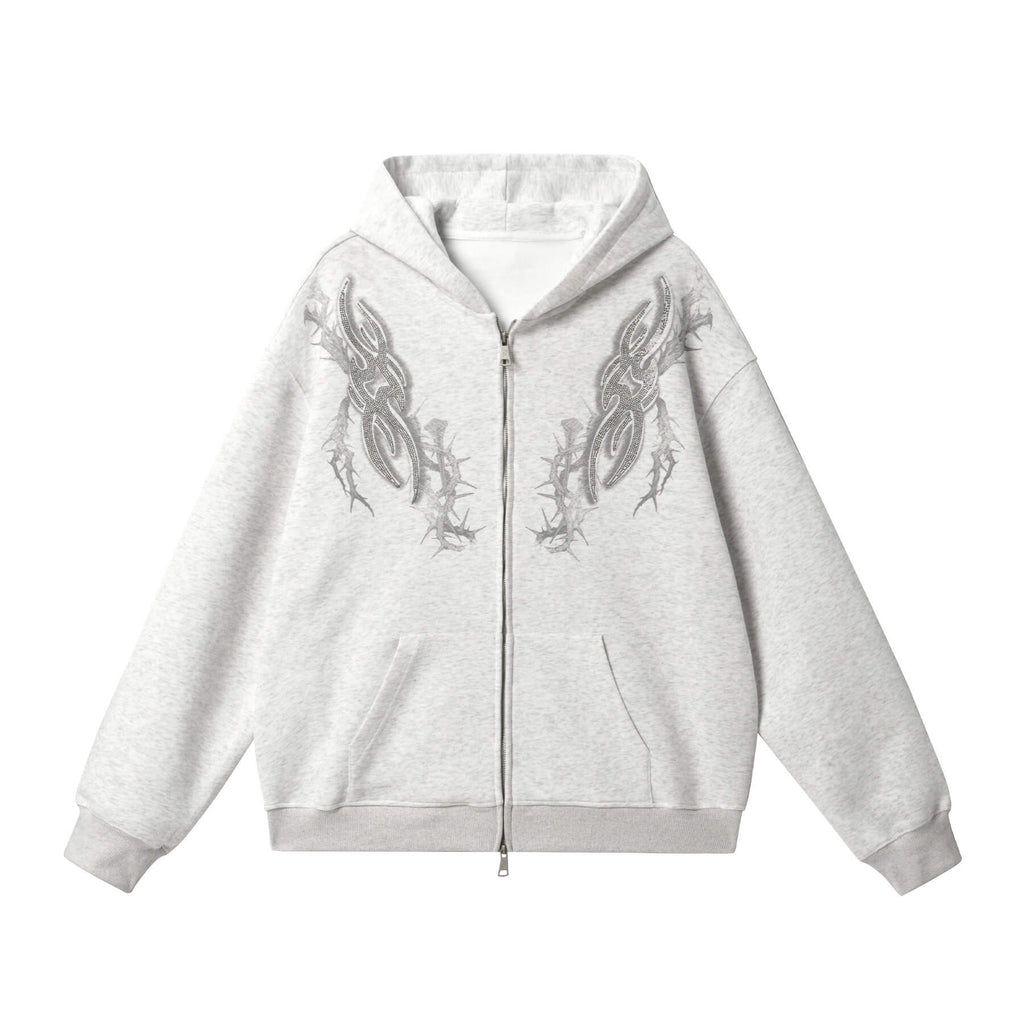 JHYQ Rhinestone Thorn Print Double Zipper Hoodie