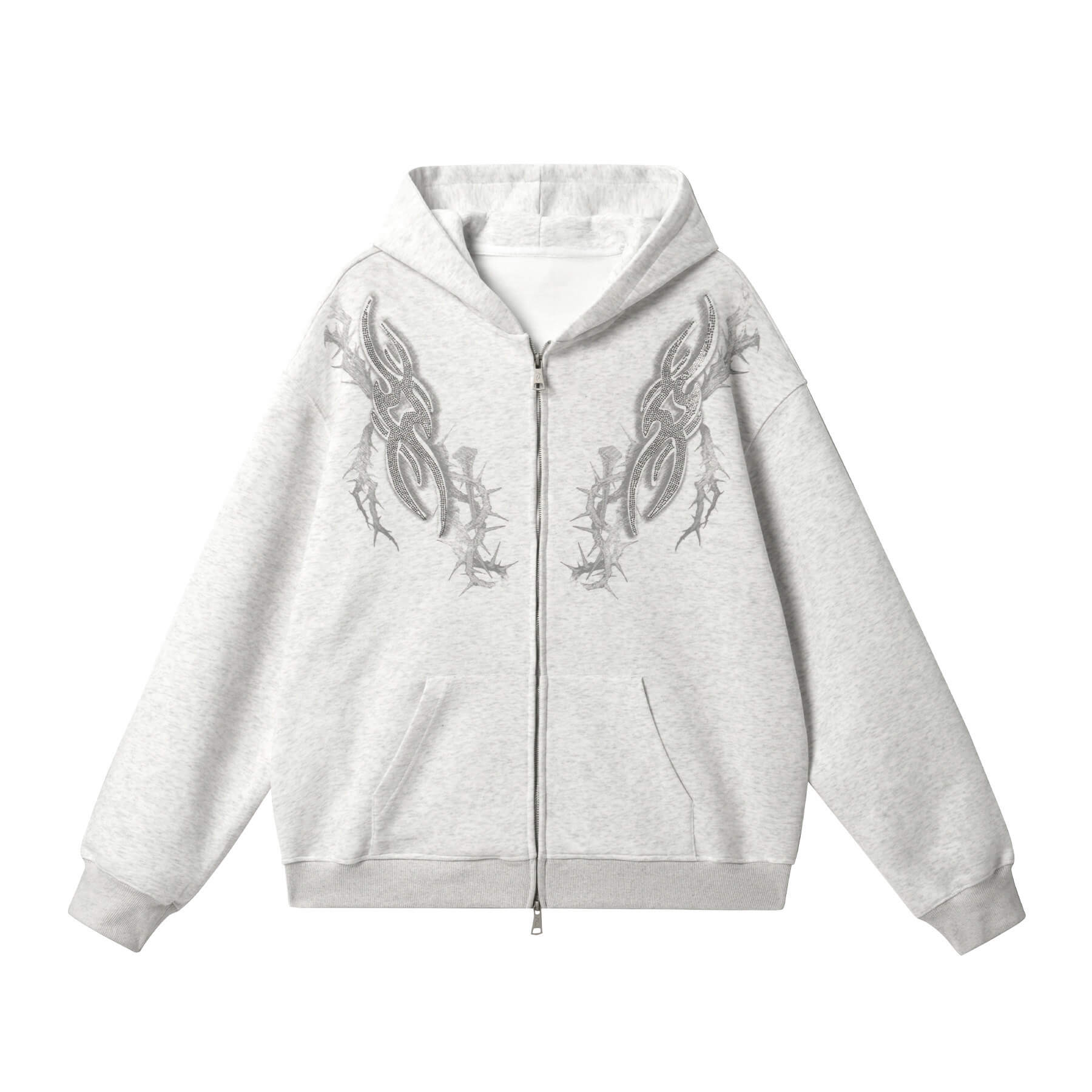 JHYQ Rhinestone Thorn Print Double Zipper Hoodie