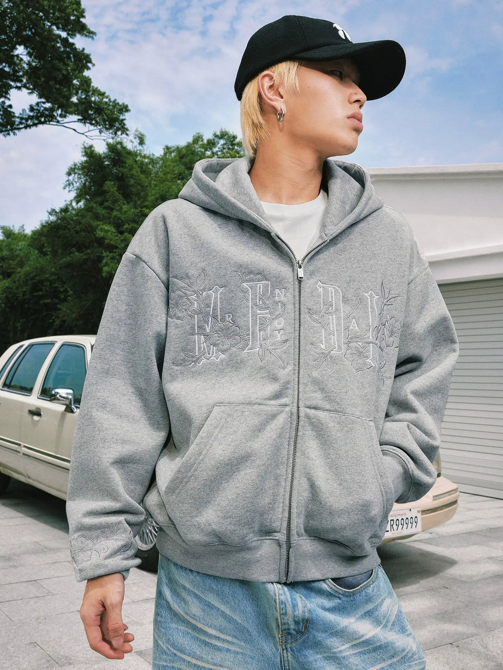 MEDM Flower Embroidered Zip Up Hoodie