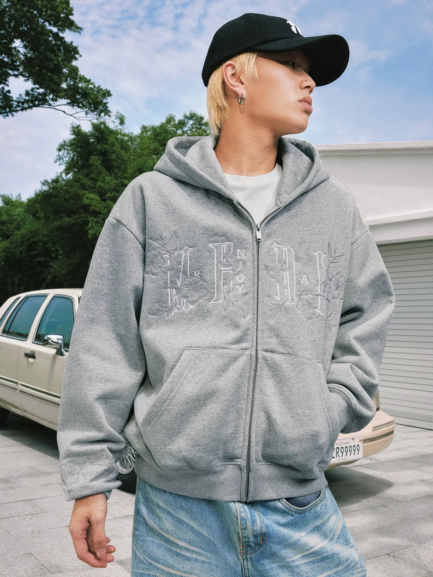 MEDM Flower Embroidered Zip Up Hoodie