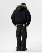 MEDM Animal Logo Patch Fur Hooded Bomber Jacket